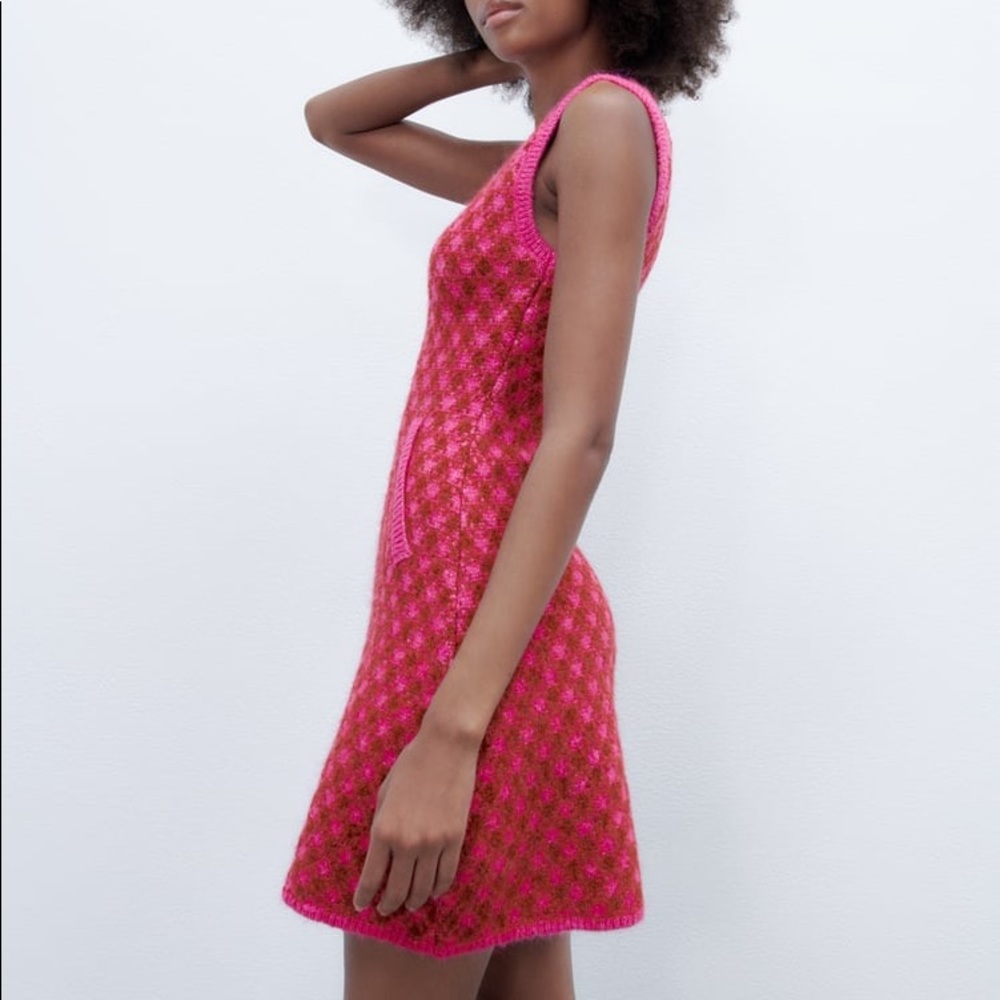 Zara PLAID KNIT Sleeveless Mini A-Line Dress w/ Round Neckline Size S Pink NEW - Picture 13 of 16